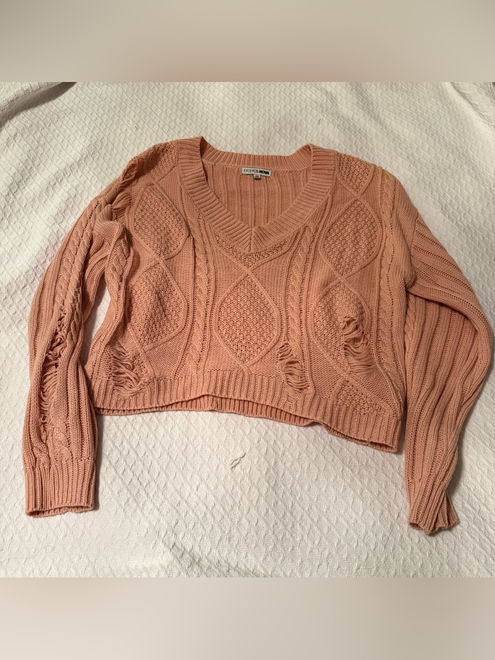Fashion Nova Peach Pink Distressed Cable Knit V-Neck Sweater